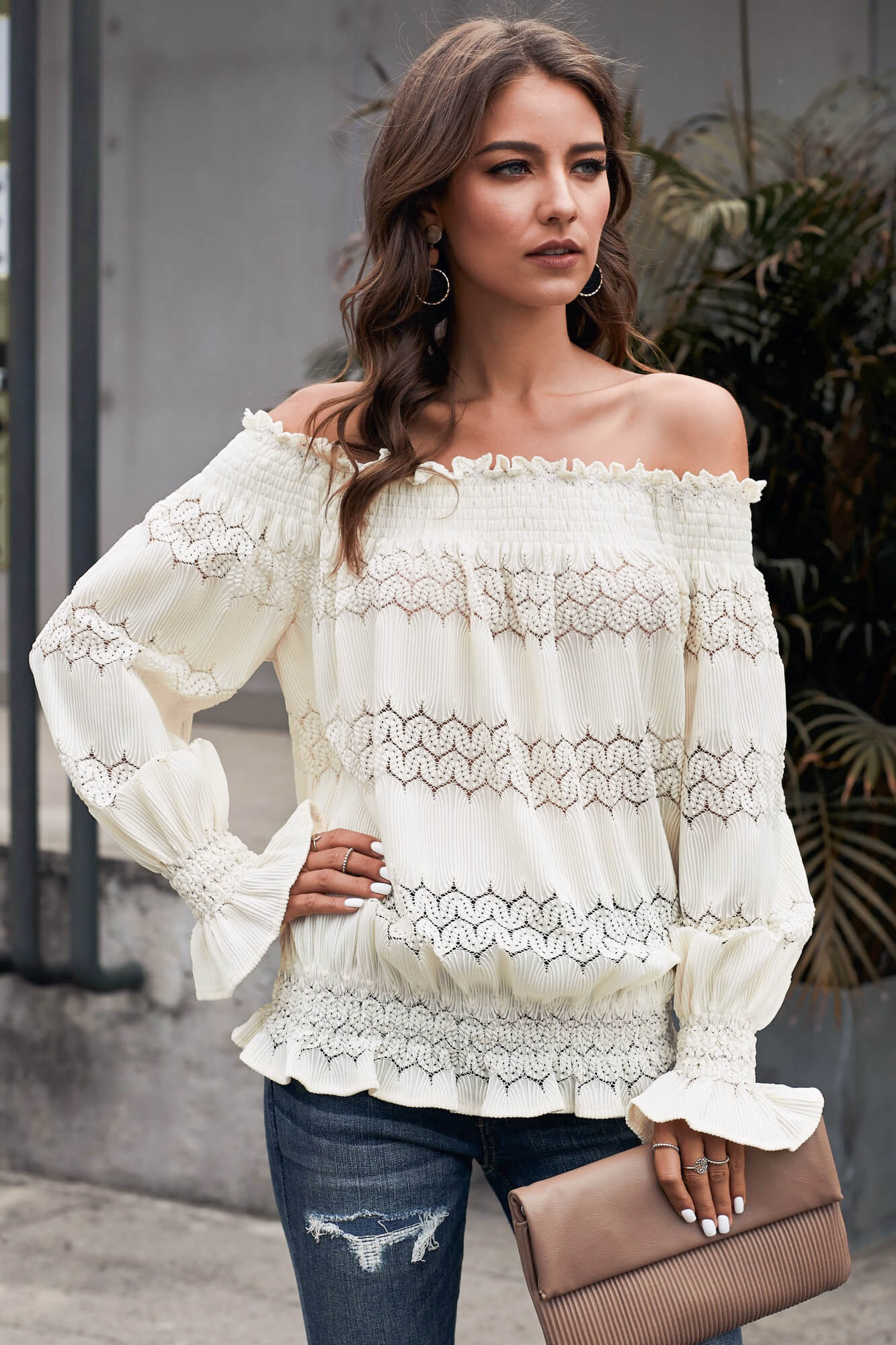 Off Shoulder Ruffle Long Sleeve Blouse